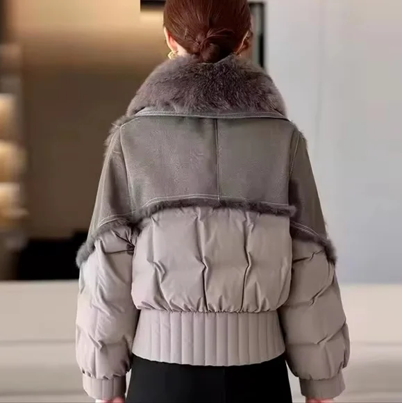 Natural Fox Fur Collar White Goose Down Jacket Suede Fabric Jacket